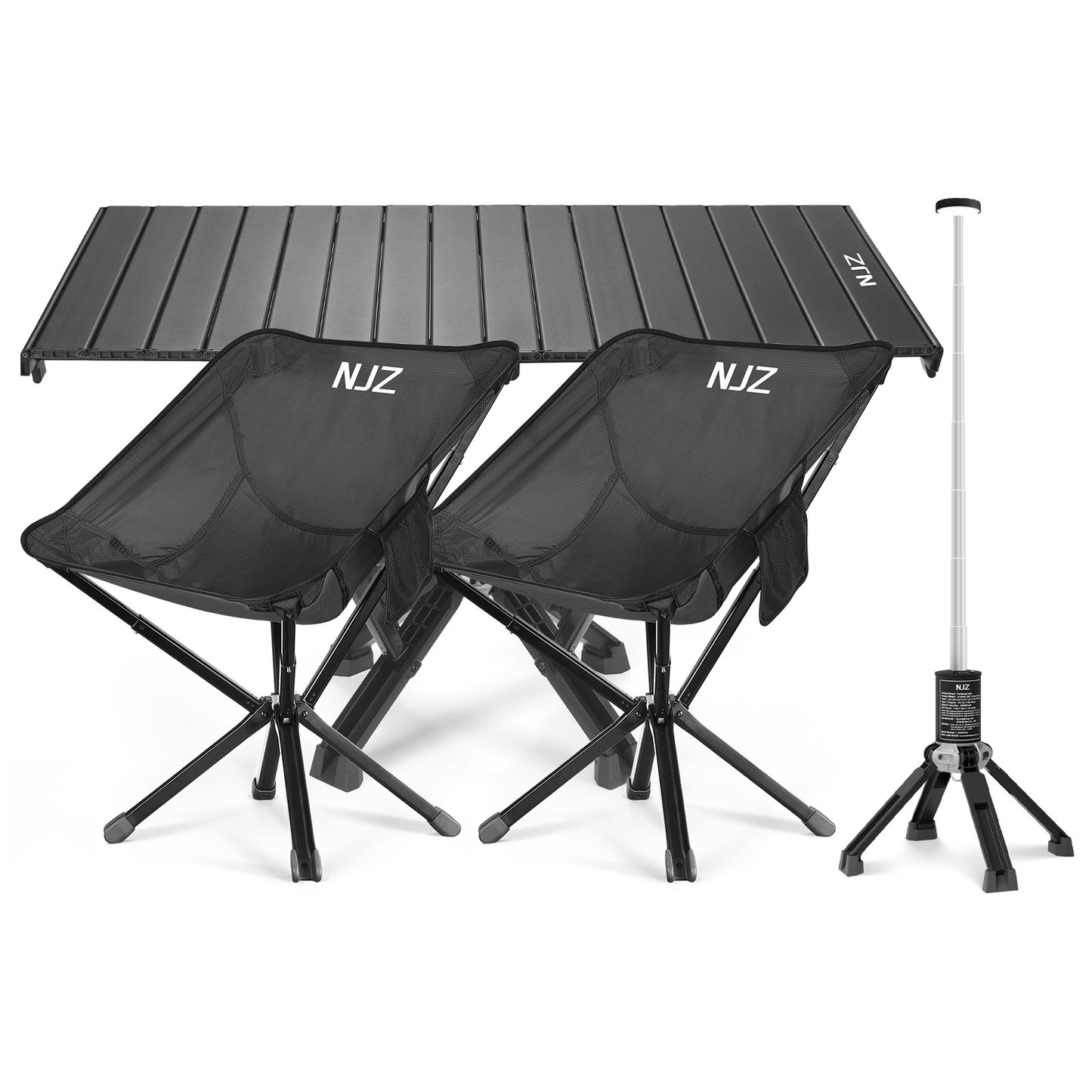 4 Packs: 2xBackpacking Chairs(Black)+1x Camping Table+1x Camping Light